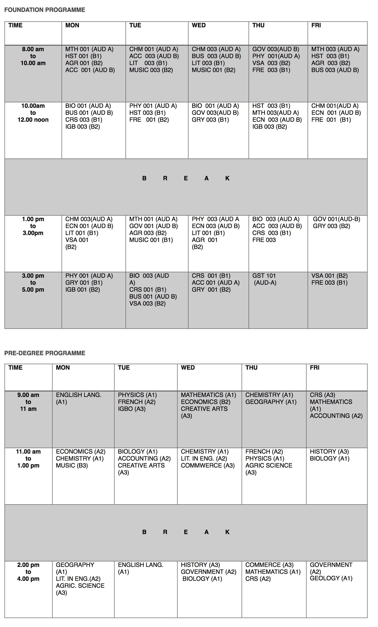 FUNAI Pre-Degree & Foundation Lecture Timetable